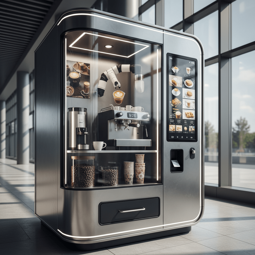 Sleek modern vending machine with robotic arm making latte art in a transit hub.