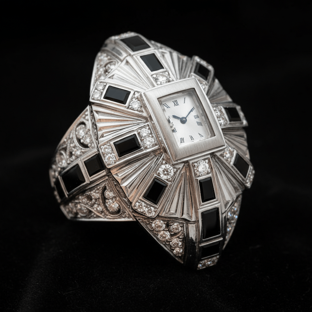 Luxurious Art Deco ring watch with onyx and diamonds on a black velvet background.