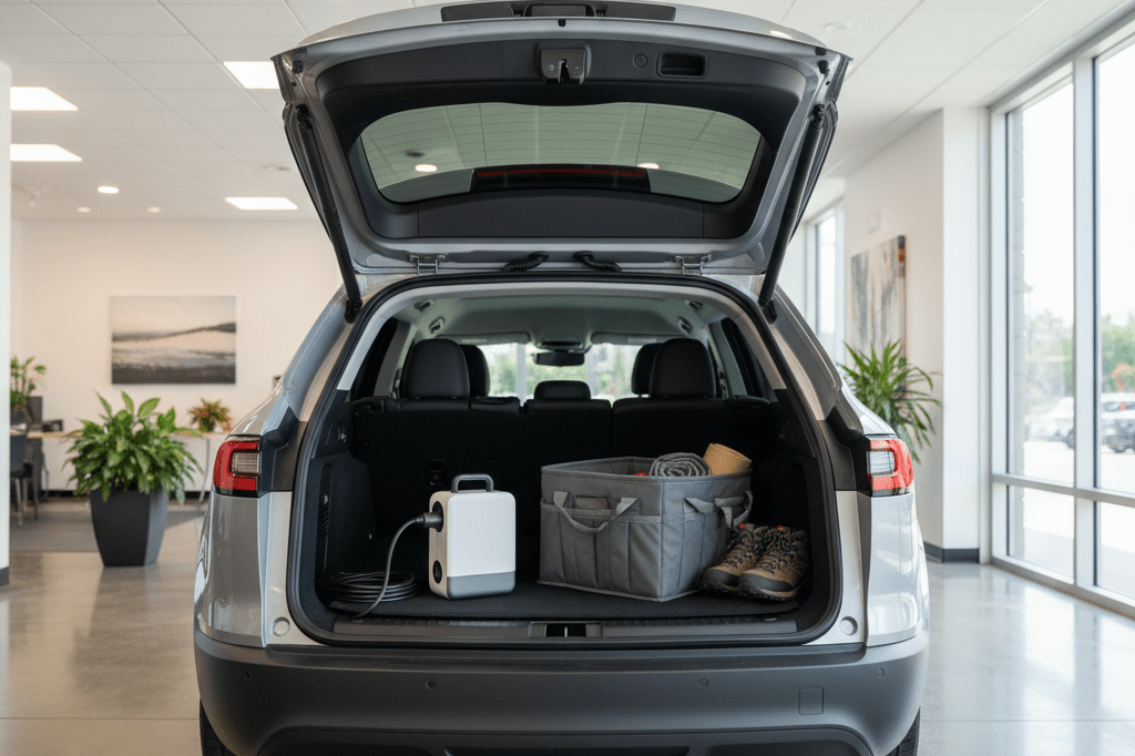 Medium shot of an electric SUV's flat load floor and roll-down liftgate with EV accessories in a well-lit retail showroom