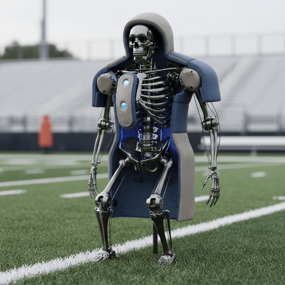 Football tackle dummy with articulated skeleton visible through foam padding on turf.