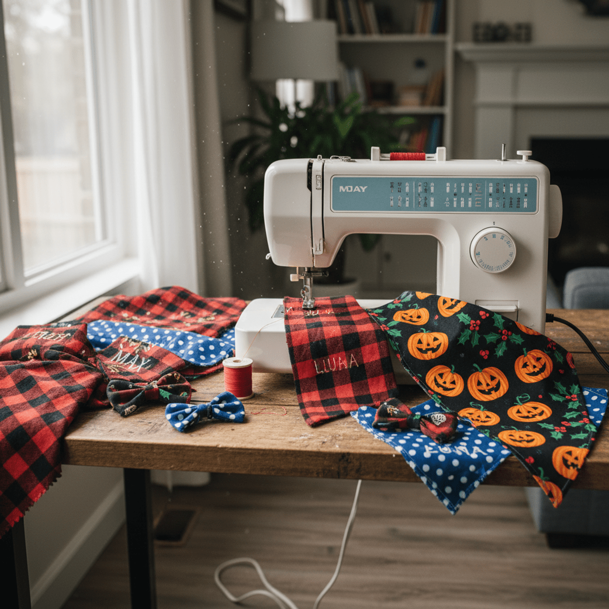 Cozy home crafting with a sewing machine, fabric scraps, and personalized pet bandanas.