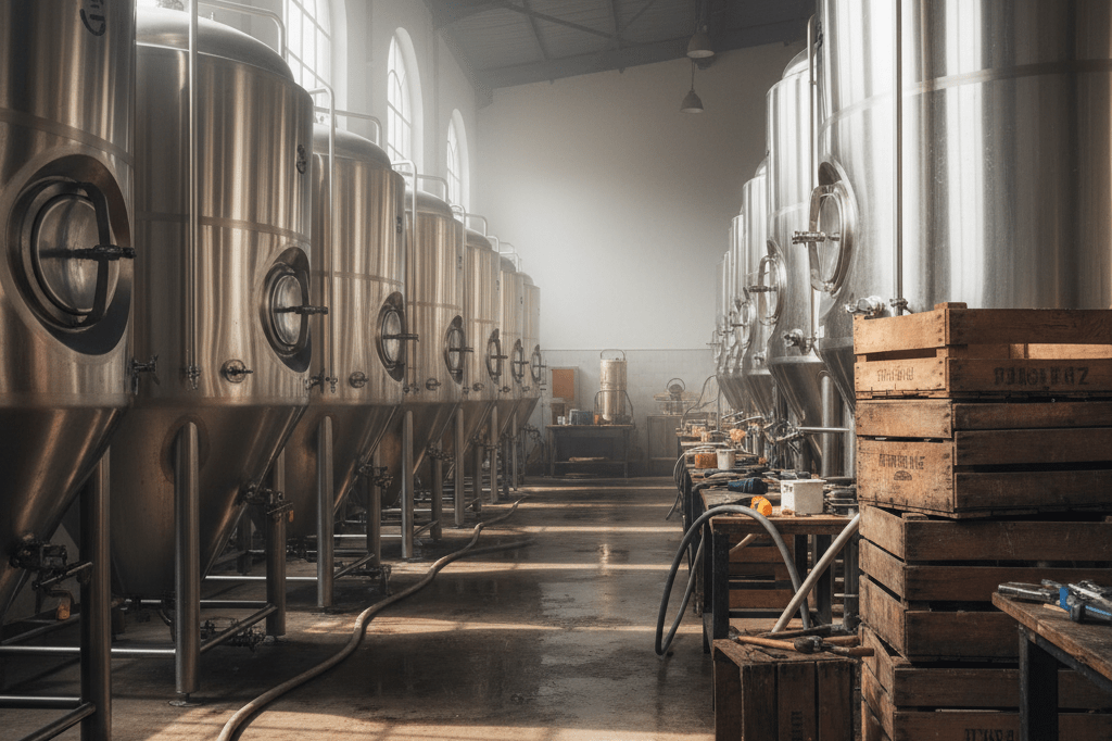 Wide shot of stainless steel brewing tanks and tools inside a sunlit craft beer brewery, highlighting artisanal production