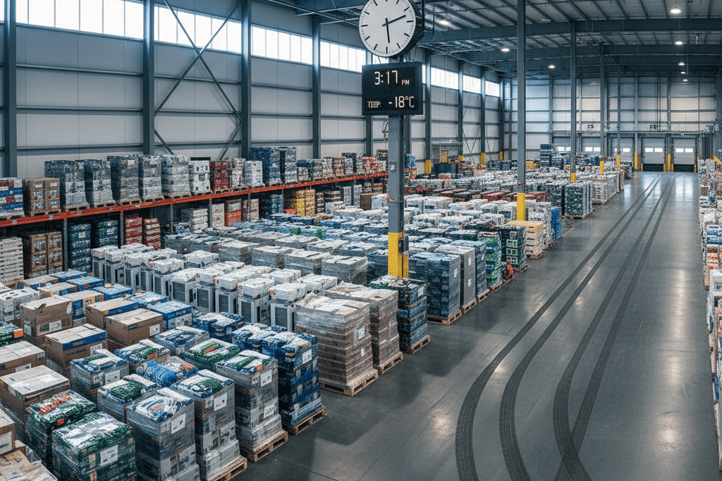 Wide-angle view of a bustling Canadian warehouse stocked with seasonal goods under natural winter daylight.