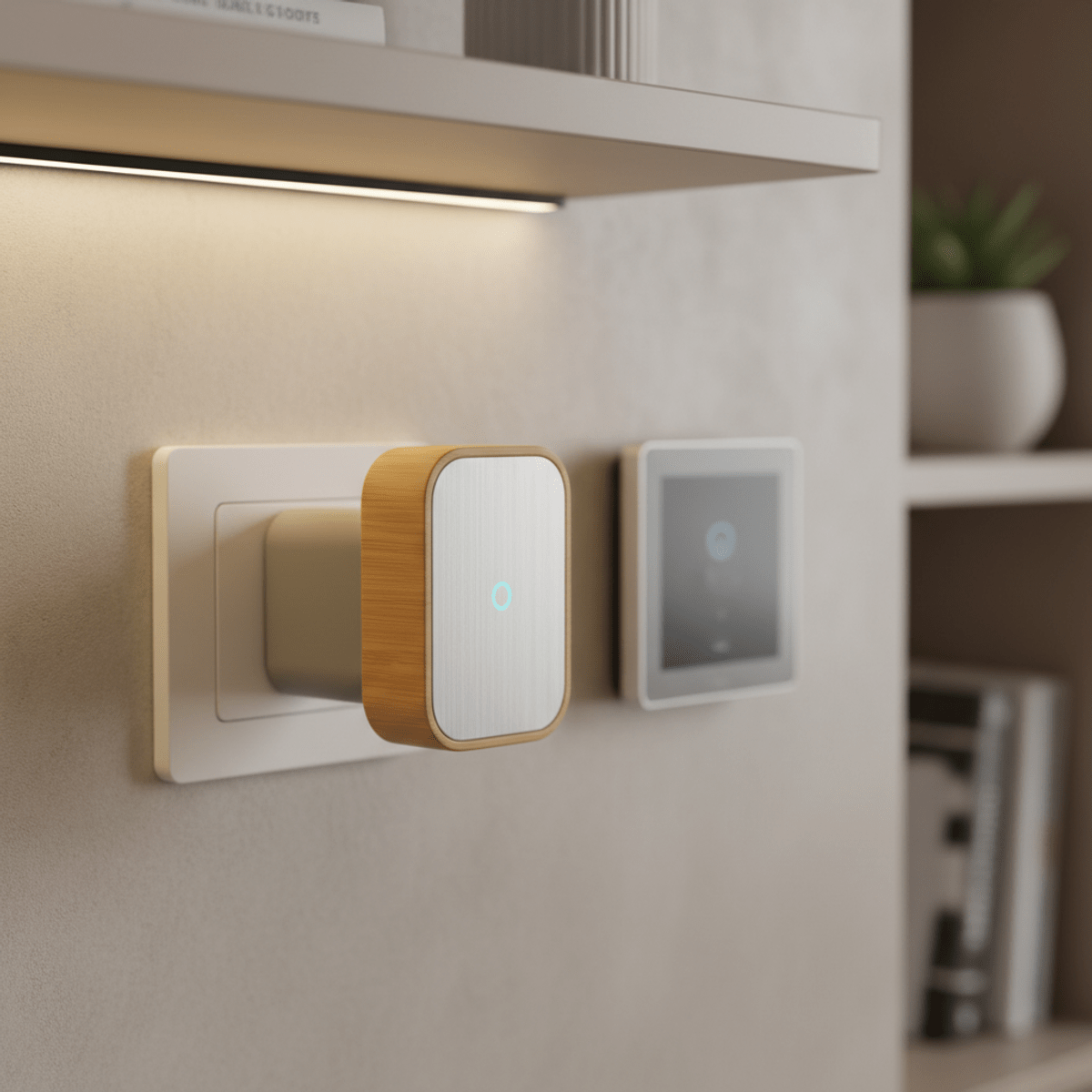 Sleek WiFi dongle with bamboo accents in a modern wall outlet.