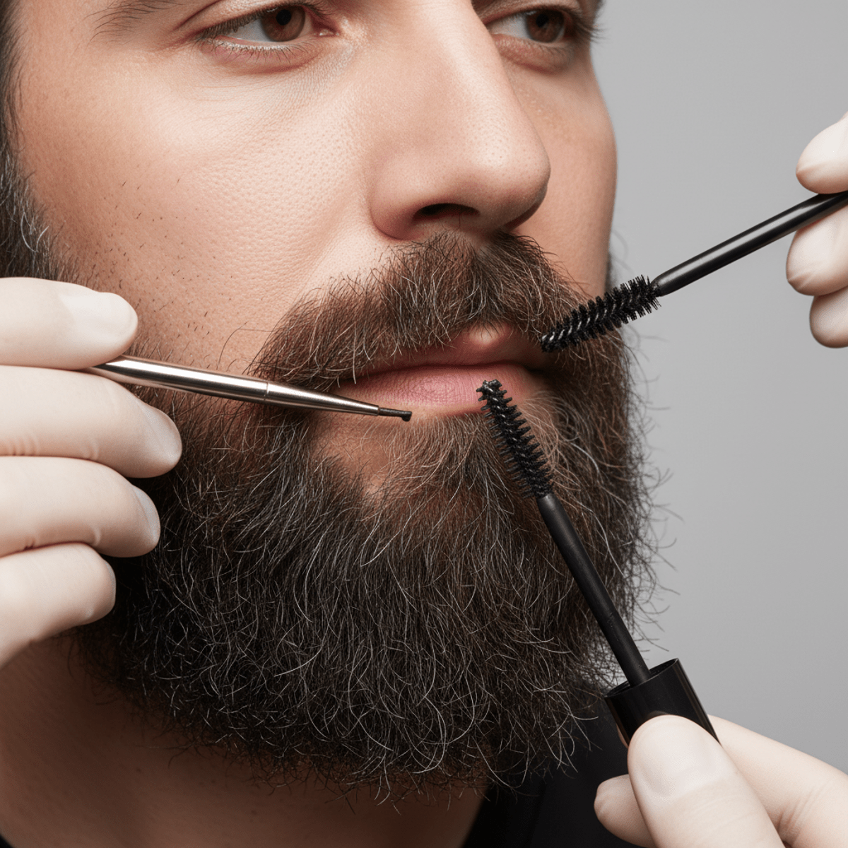 Macro view of man's beard being precisely colored with fine-tipped pens and wands.