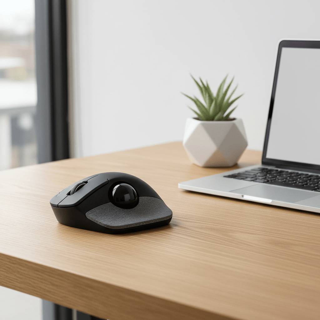 High-end minimalist trackball mouse on a natural oak desk with a laptop.