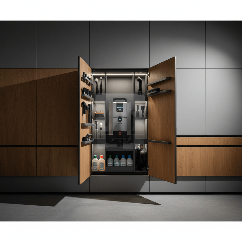 Integrated wall-mounted power washer in a warm oak and matte steel workshop.