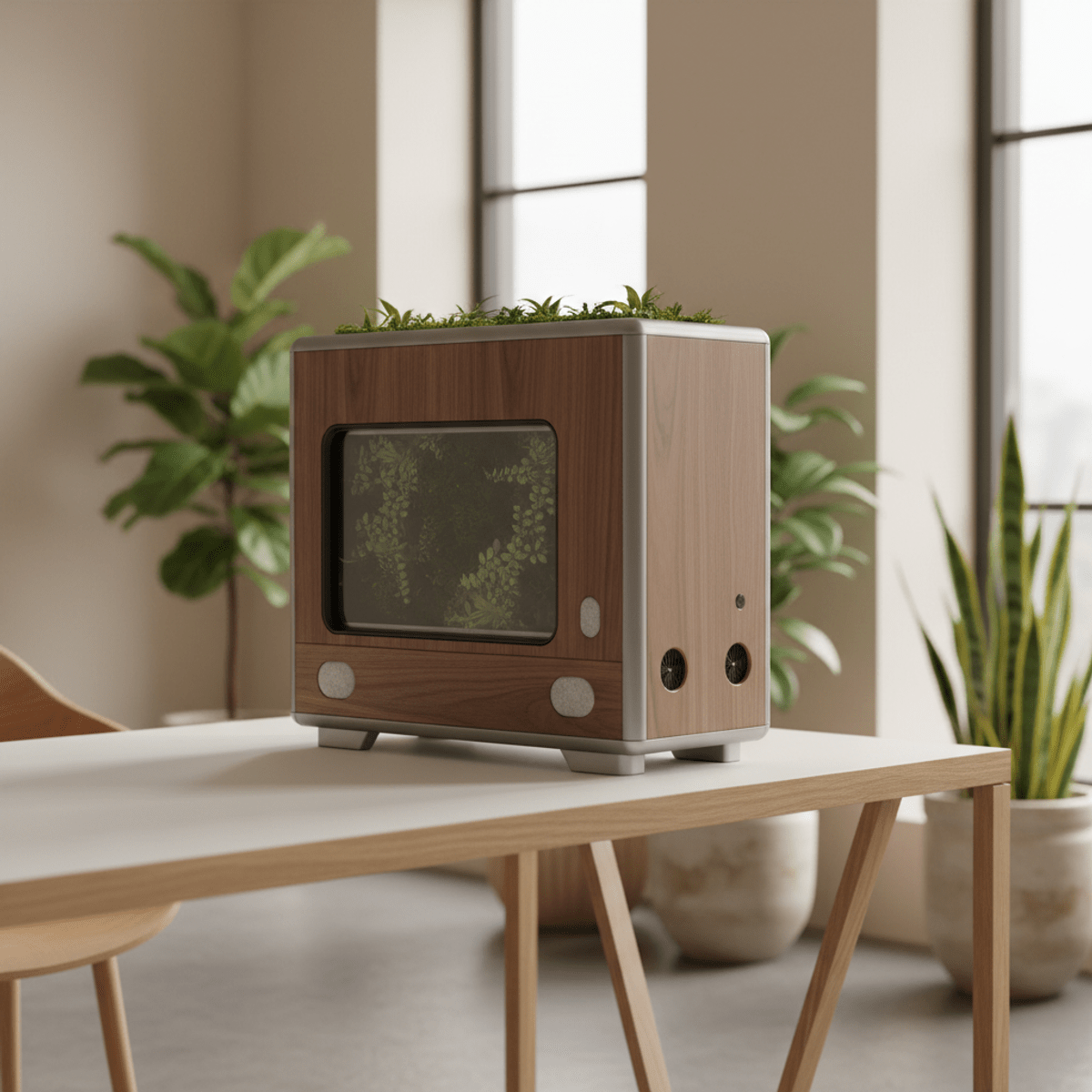 High-end gaming PC with wood panels and greenery in a modern office.