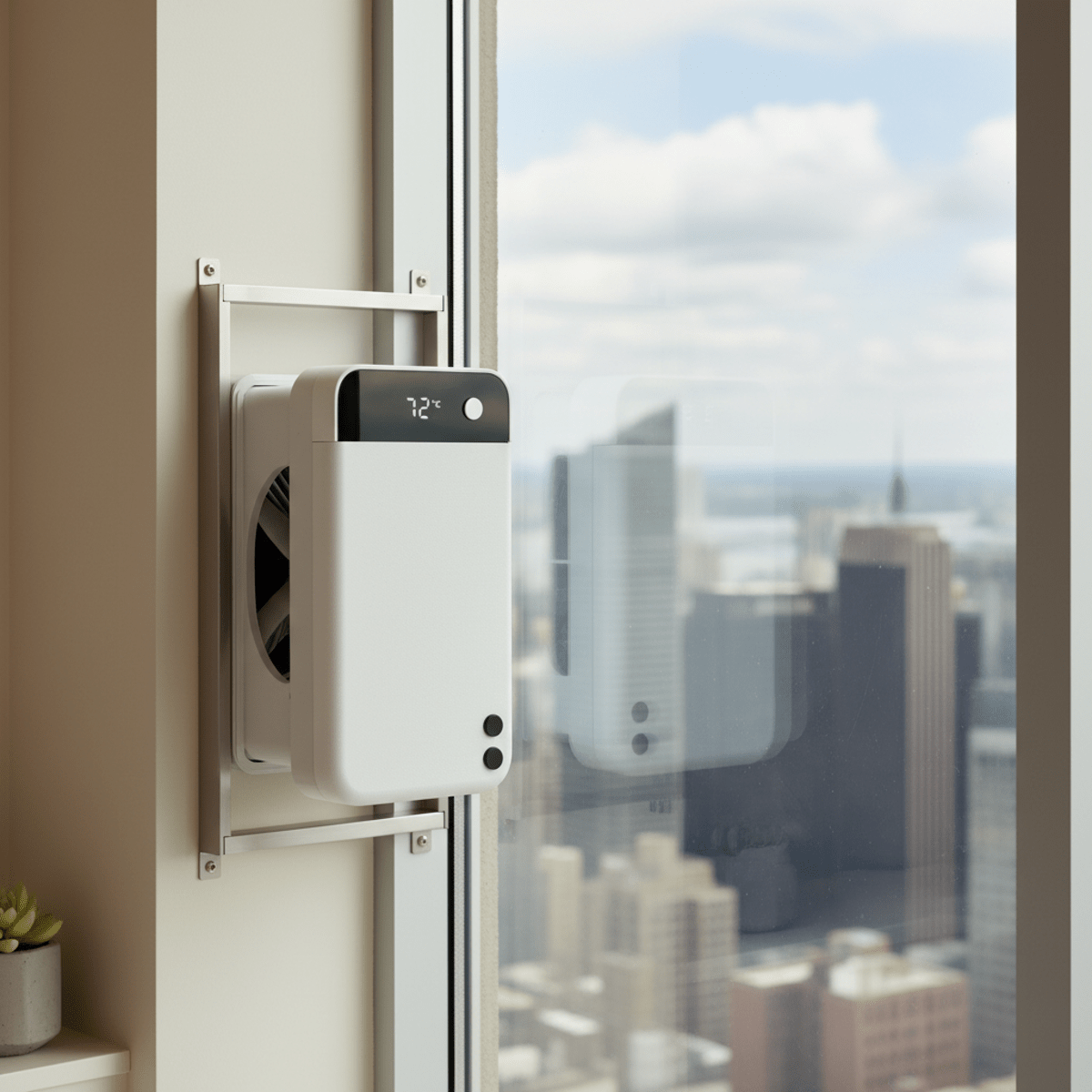Modern vertical window air conditioner with brushed steel frame in an apartment.