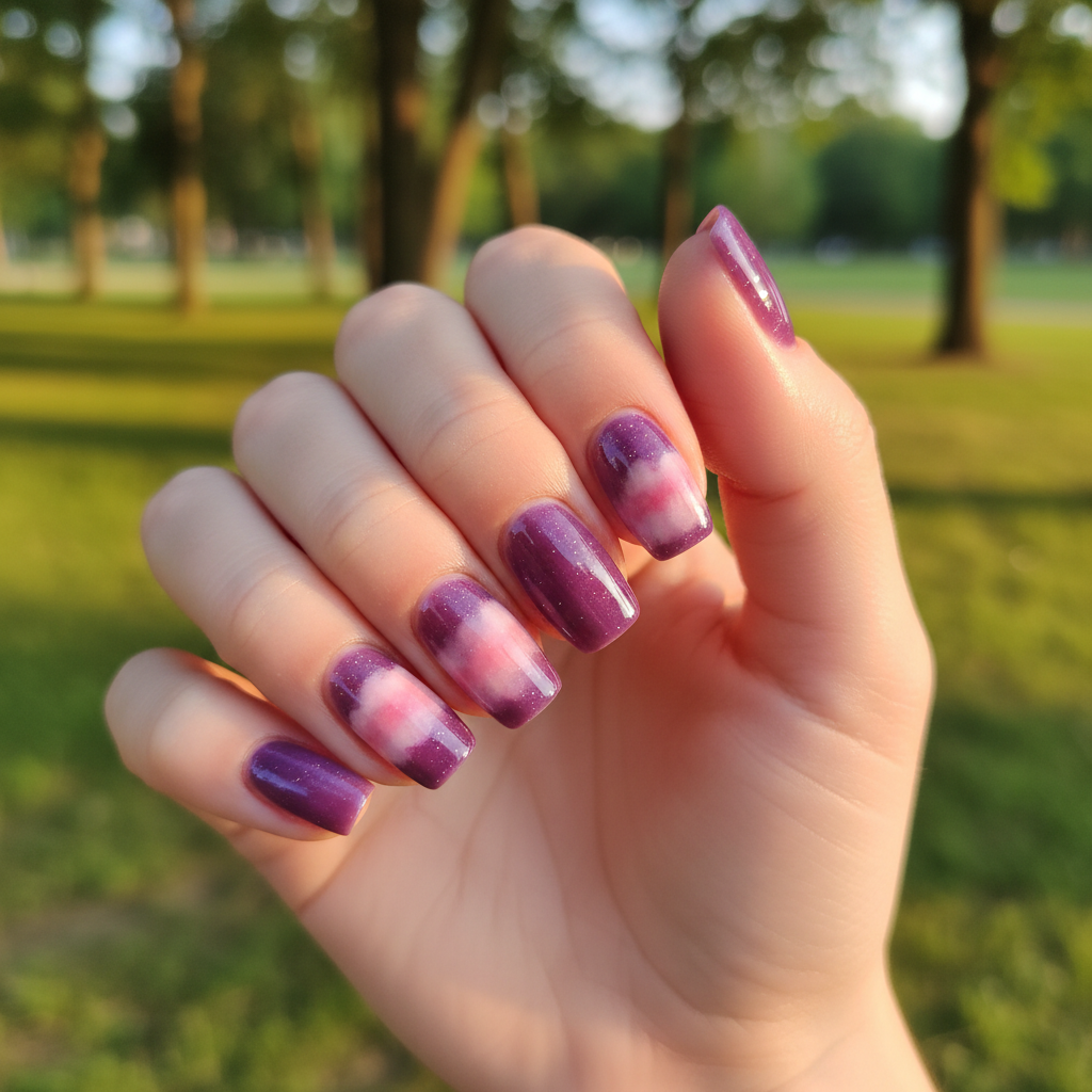 Sheer grape purple jelly nails with watercolor aura design in soft pinks and purples.
