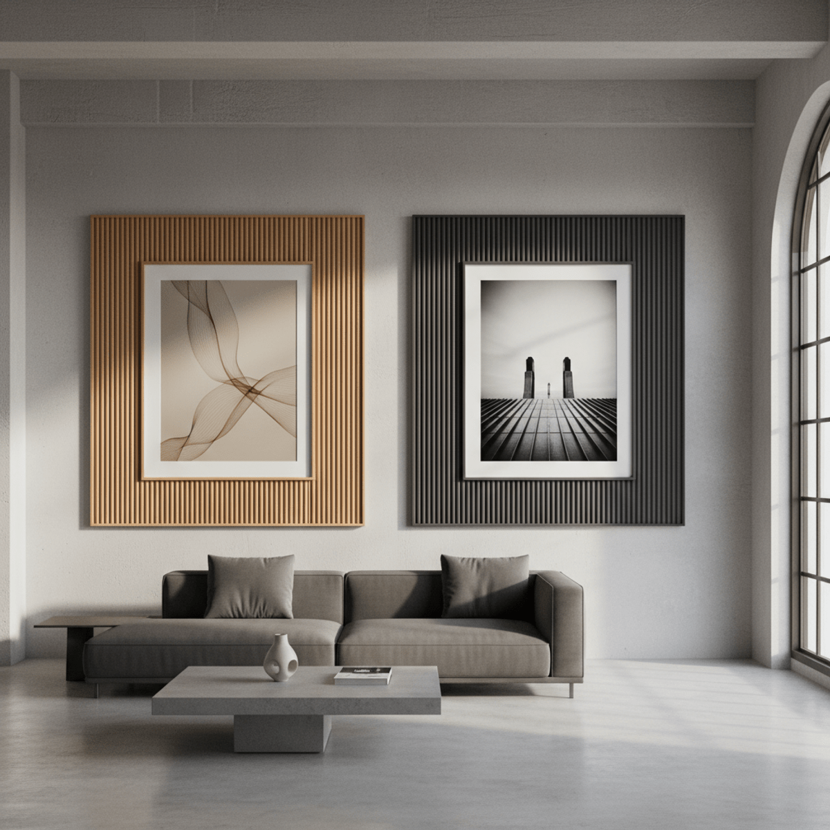 Loft wall with textured poster frames Modern loft wall with fluted wood and ribbed metal poster frames.