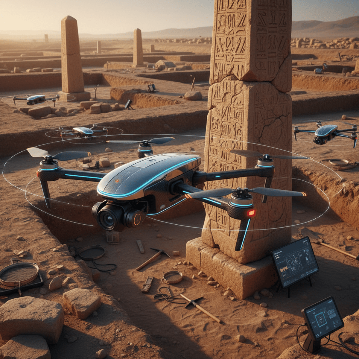 Futuristic drone surveys ancient artifact at sunlit archaeological site.