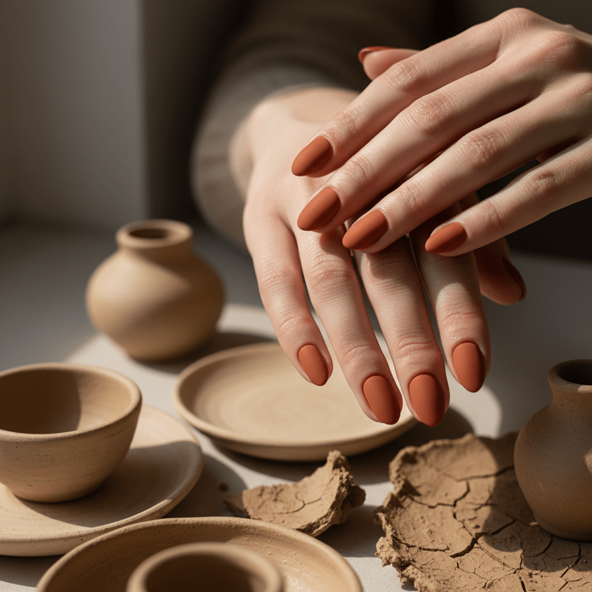 Woman's terracotta clay nails with matte finish near artisanal ceramic pottery.
