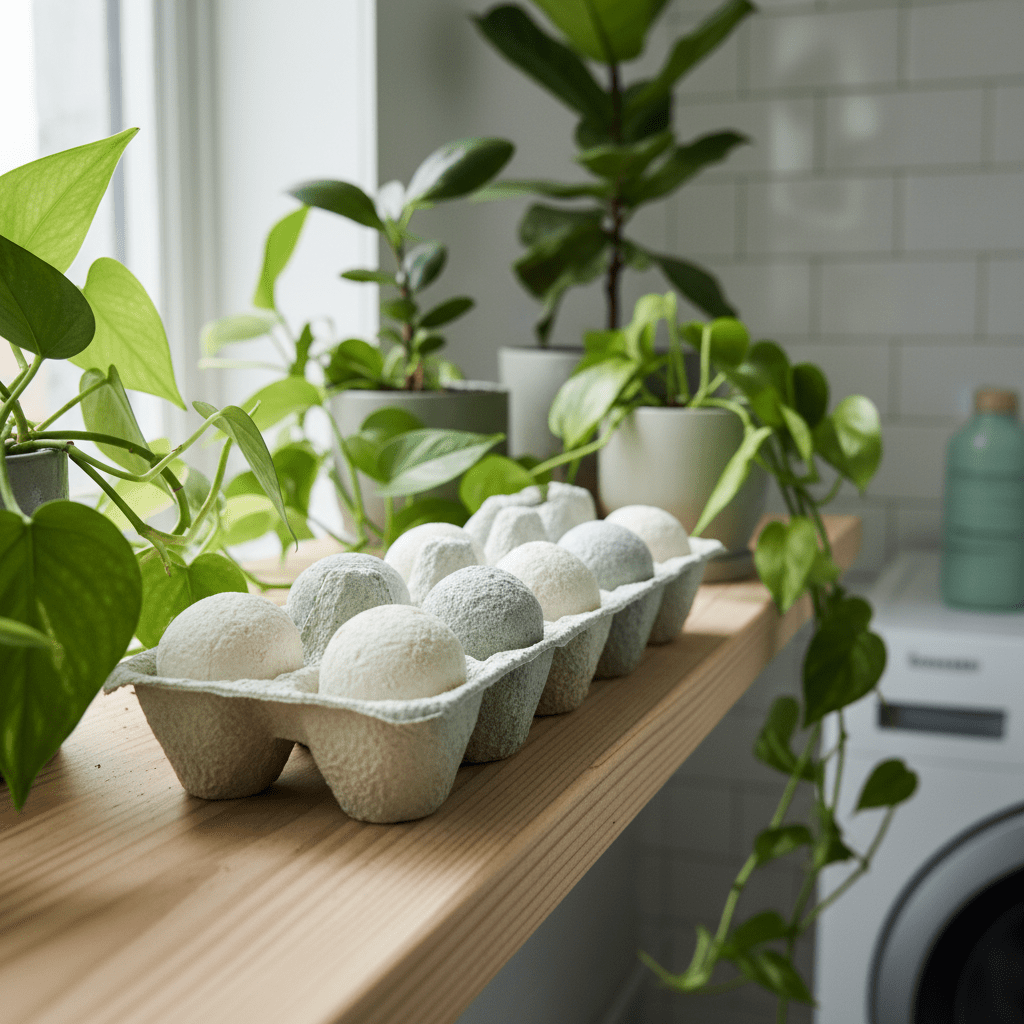 Plastic-free laundry pods in molded paper pulp packaging on a shelf with plants.