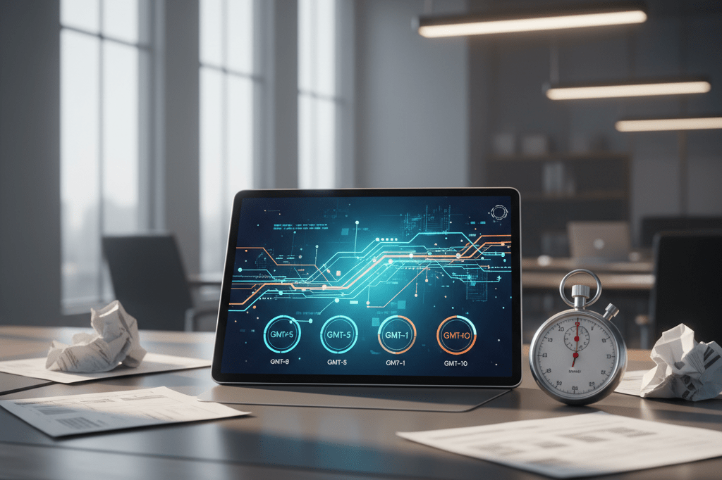 Control center desk with tablet showing supply chain data, stopwatch, and manifests under natural light