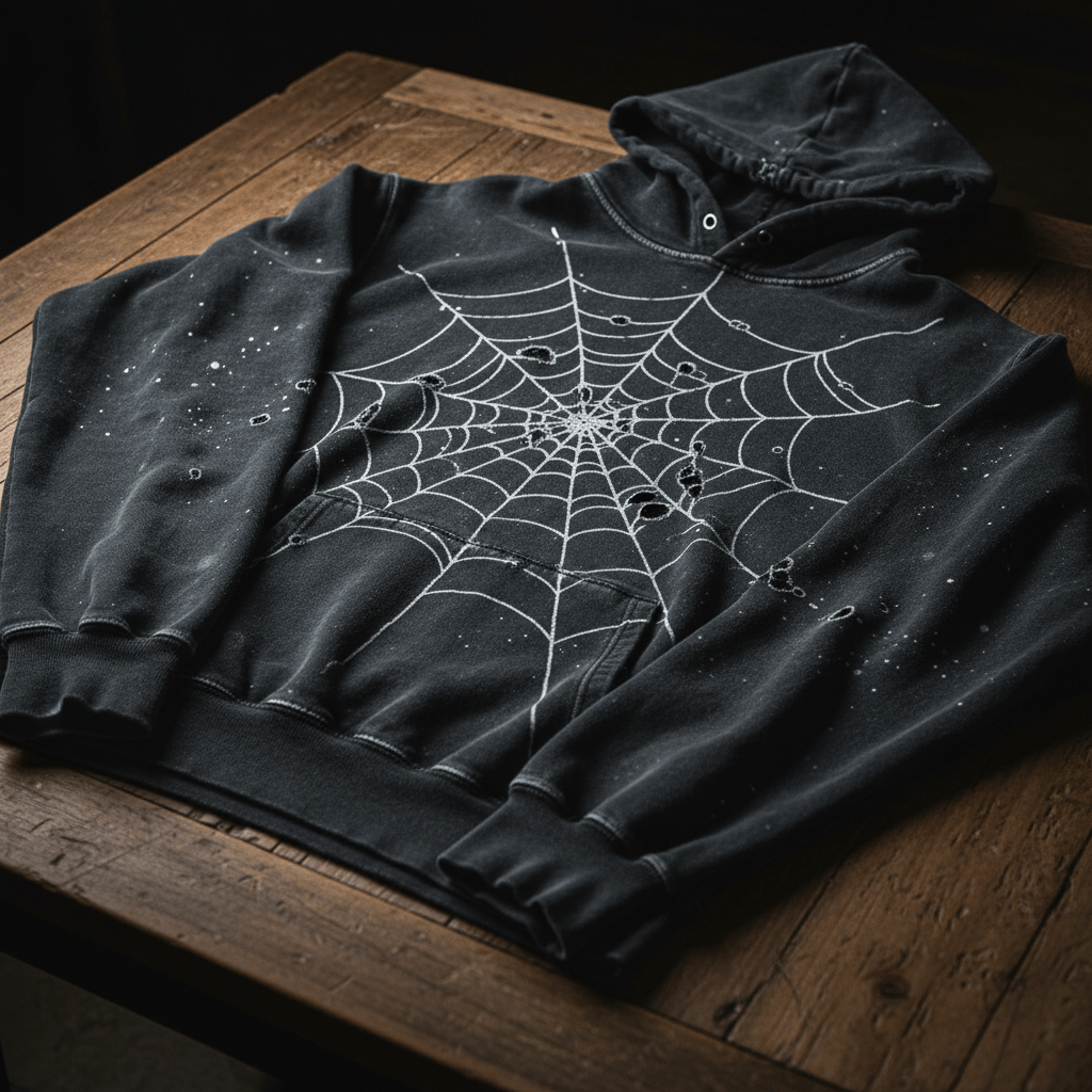 Close-up of a distressed black hoodie with a vintage spiderweb print on wood.