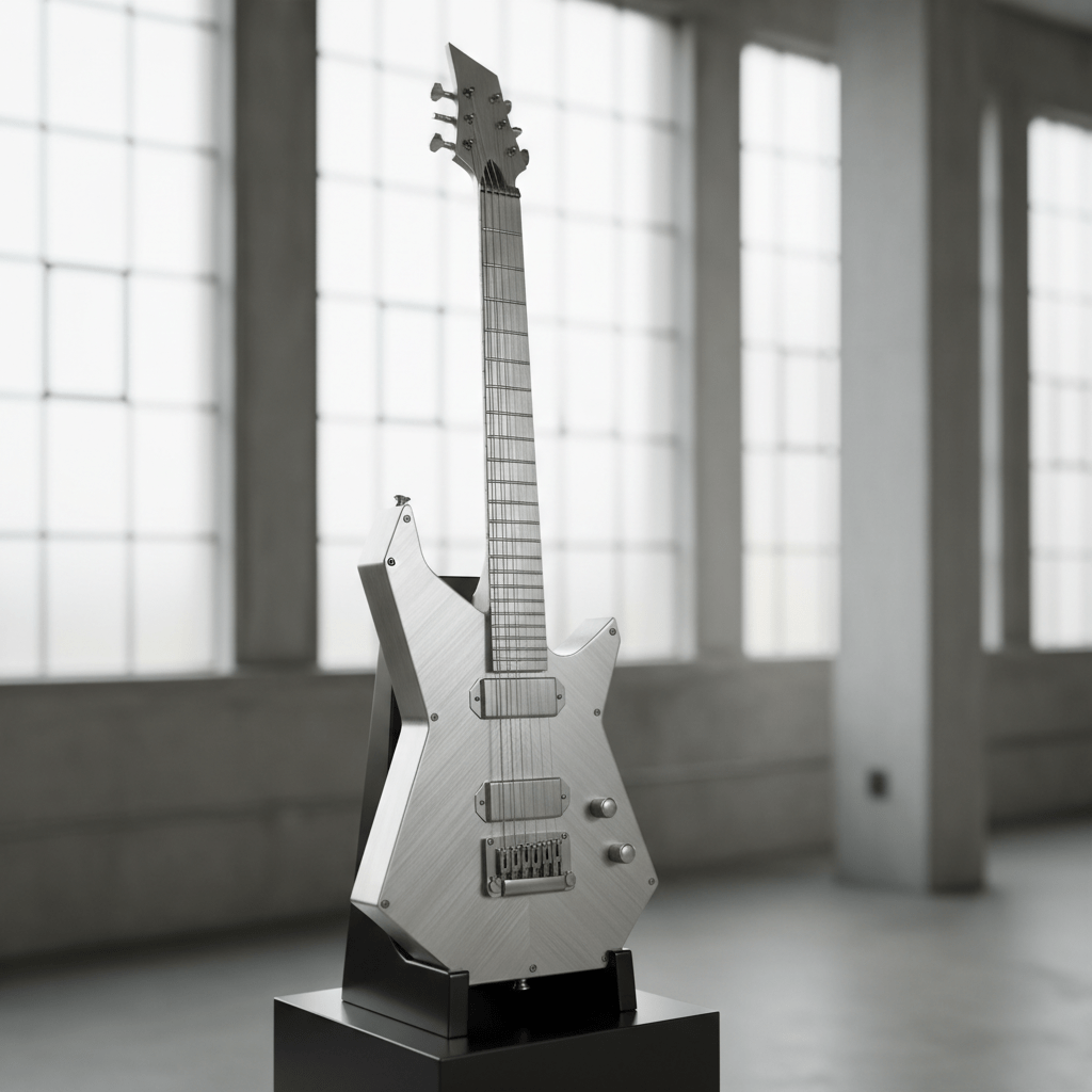 Futuristic baritone guitar with brushed silver aluminum body and minimalist industrial design.