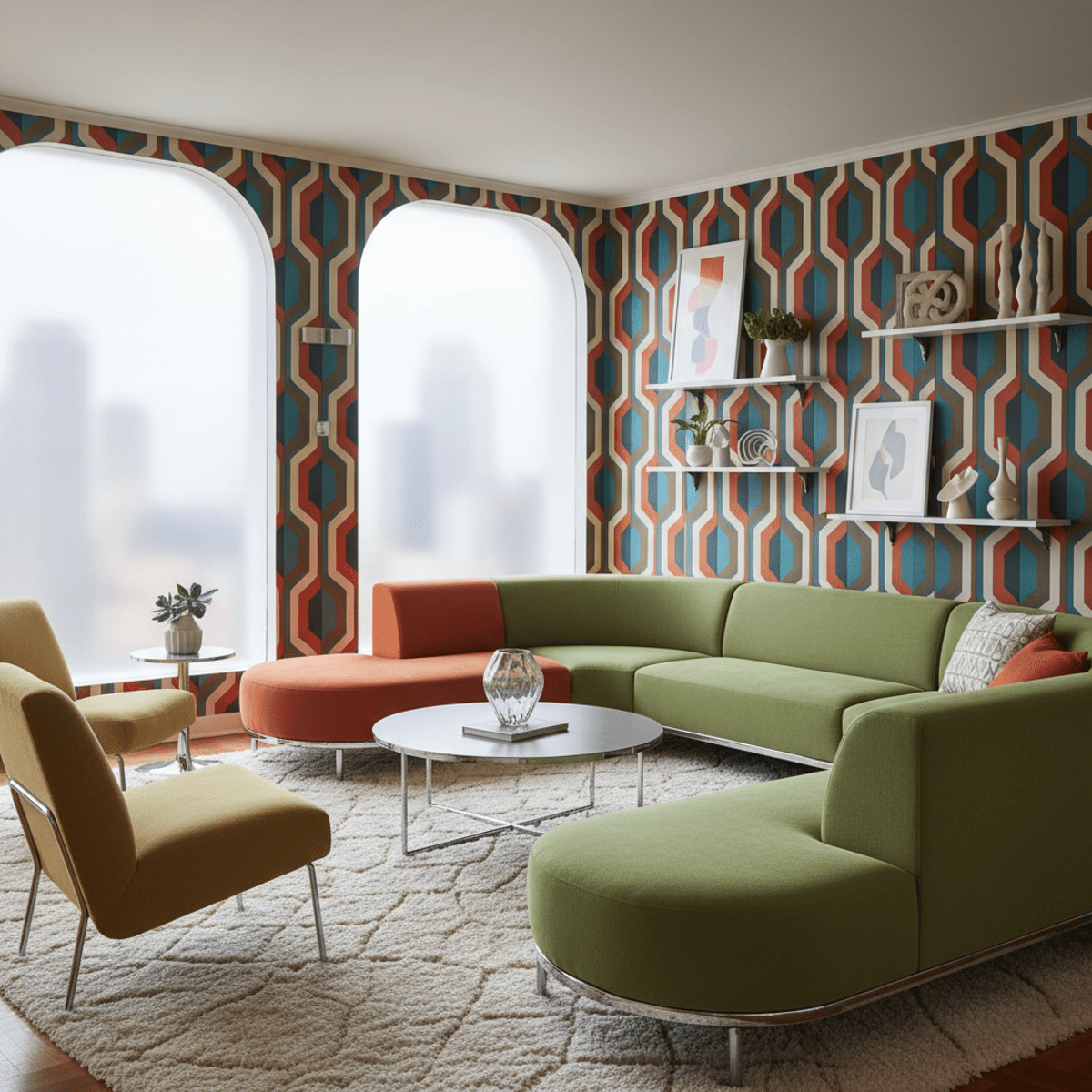 Futuristic retro living room with curved furniture and bold wallpaper. Futuristic retro living room with organic modular furniture and optical illusion wallpaper.