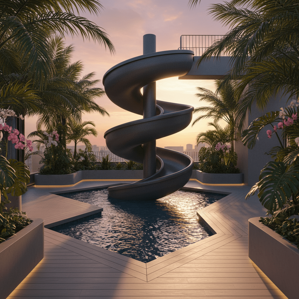 Matte charcoal helical pool slide with metallic sheen on a boutique hotel rooftop.