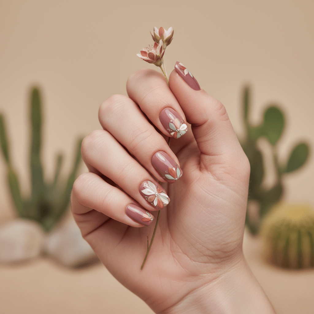 Elegant desert rose nails with floral art, inspired by desert blooms.