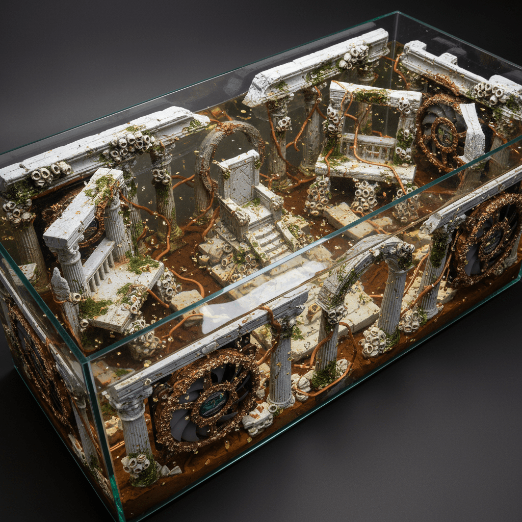 Ancient Atlantis artifact PC with water-worn marble ruins submerged in mineral oil.