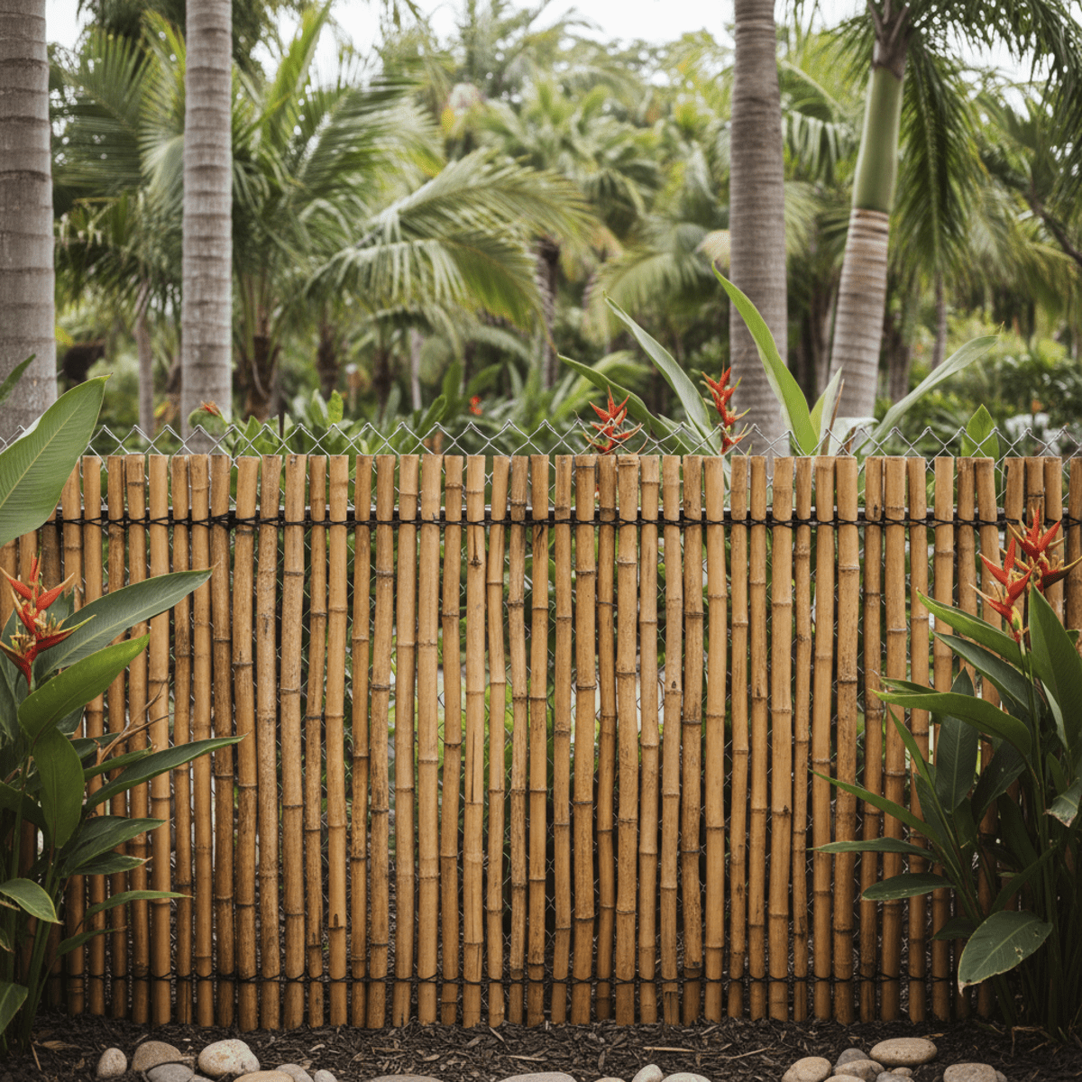 Rolled bamboo fencing over chain-link in a lush tropical garden.