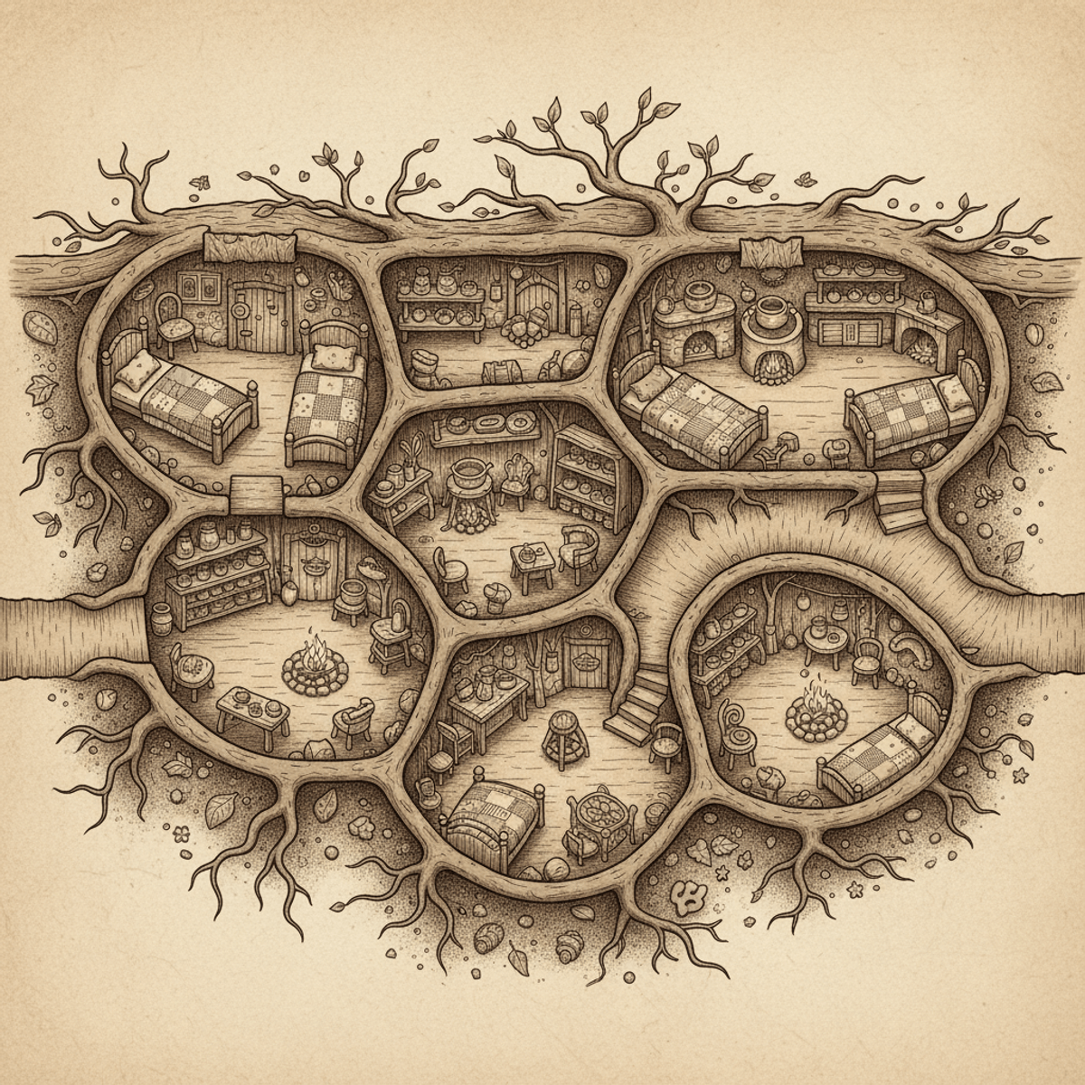 Detailed illustration of an underground burrow with interconnected chambers and miniature furniture.