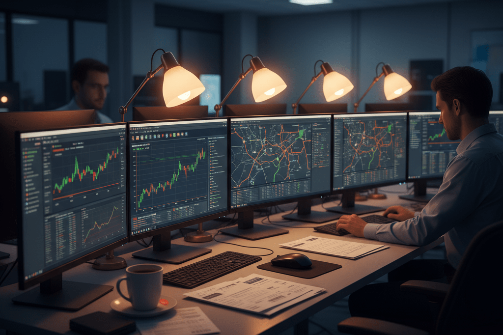 Warmly lit logistics control room with monitors showing fuel data and route maps, reflecting adaptive strategies against market volatility