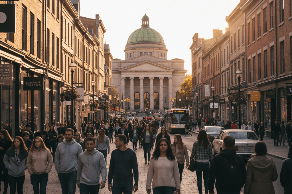 Vibrant Ottawa street blending culture and retail opportunities Bustling Ottawa street with tourists exploring shops near a cultural venue under warm ambient lighting