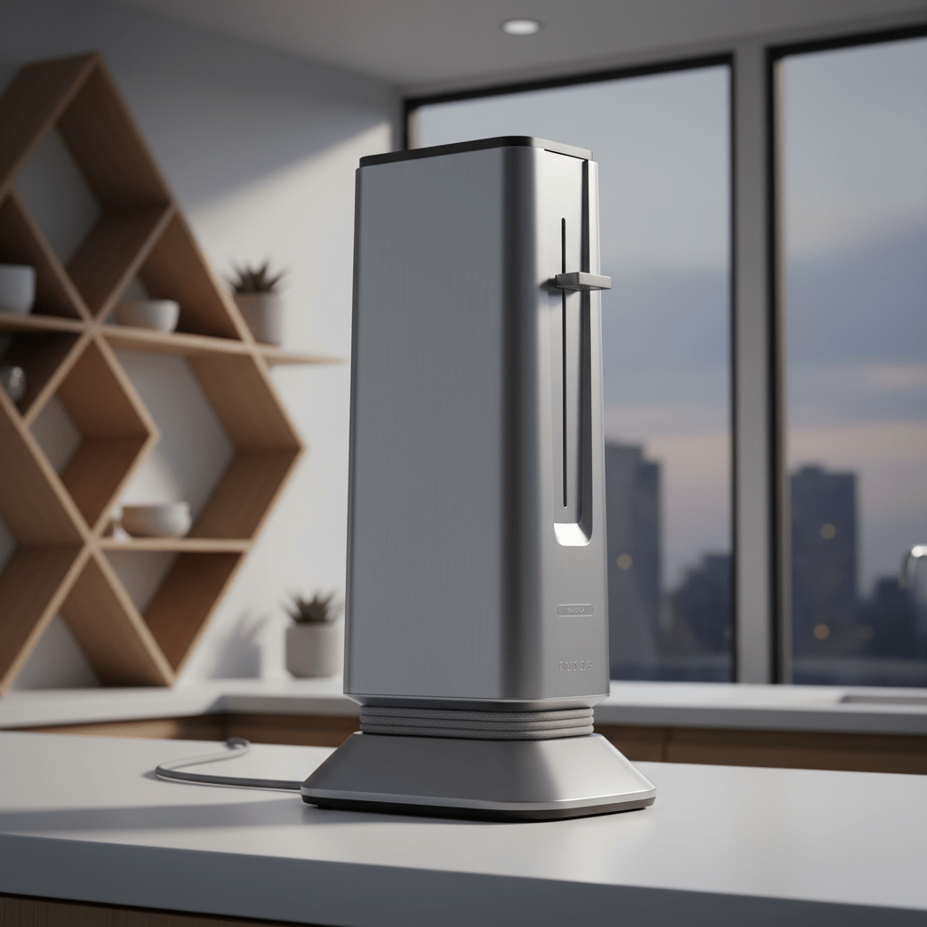 Sleek vertical sandwich toaster with brushed steel finish on a white counter.