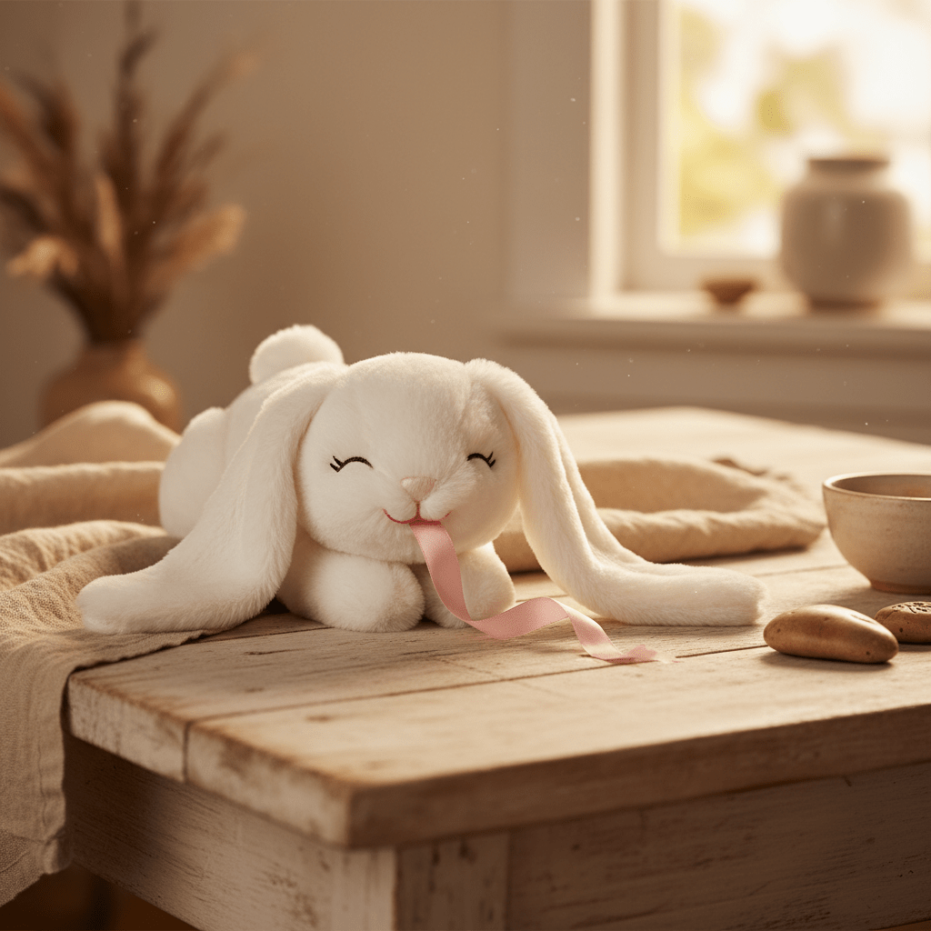 Soft white bunny plush toy with pink ribbon tongue on a wooden table.