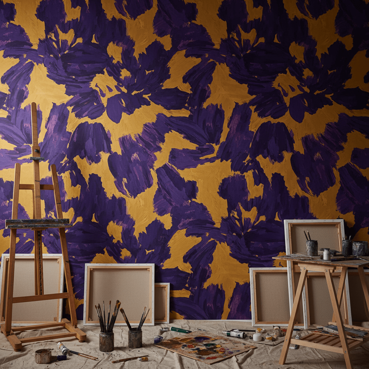Creative studio with bold abstract floral wallpaper Bold abstract floral wallpaper in a creative studio with purple and mustard yellow hues.