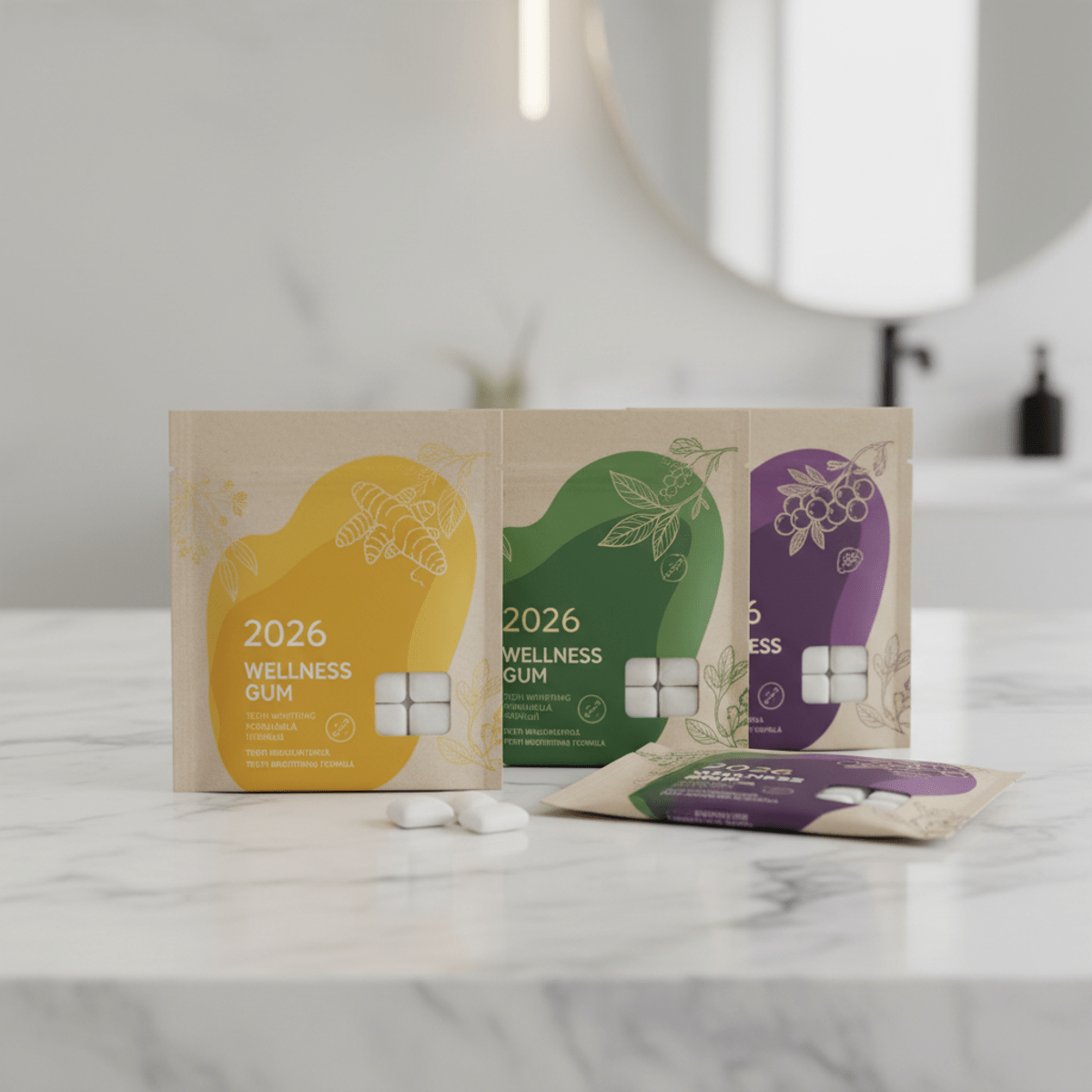 Sleek packaging for teeth whitening gum with vibrant turmeric, matcha, and elderberry colors.