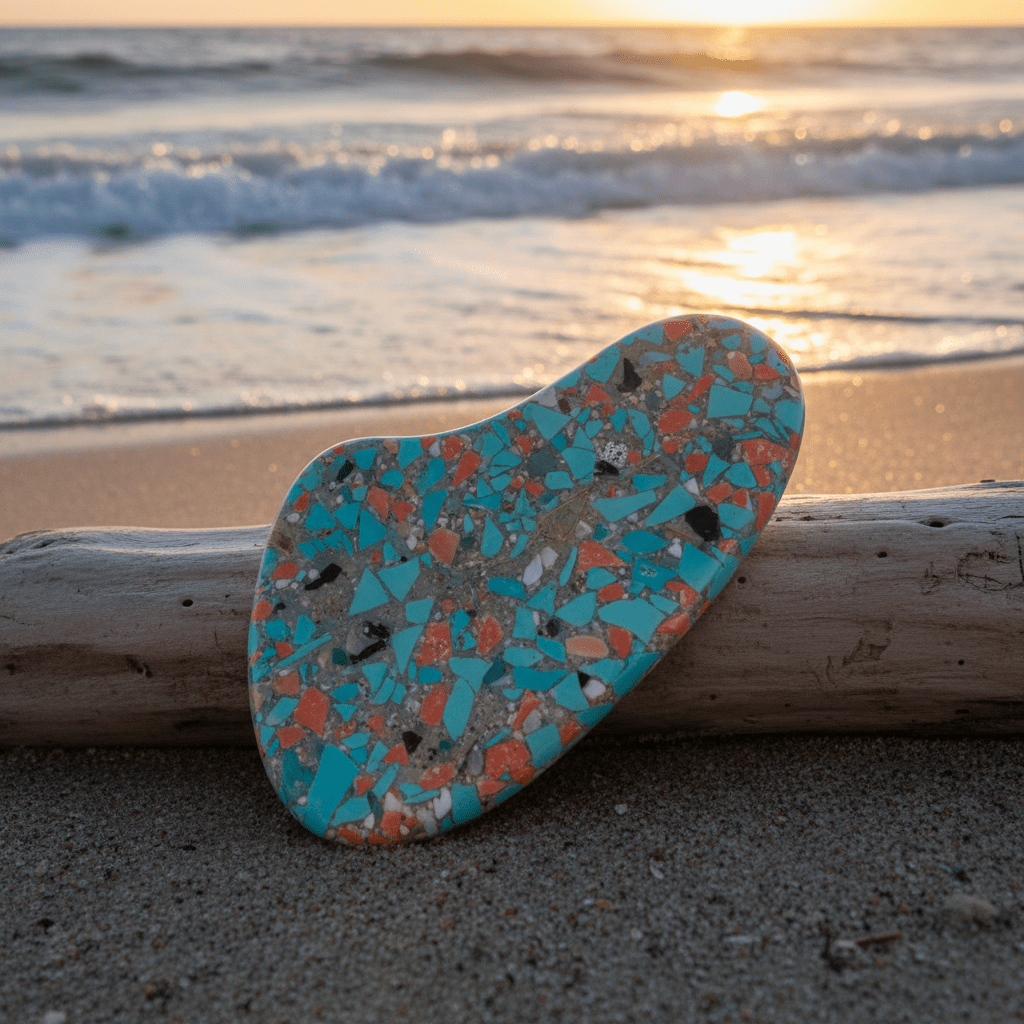 Sleek gua sha tool with terrazzo patterns made from ocean plastic on driftwood.