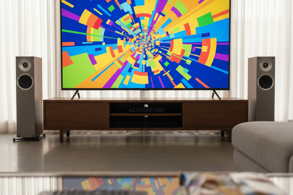 Modern living room with TV showing generic animated comedy scene Living room with TV displaying colorful animation, representing full season release strategy