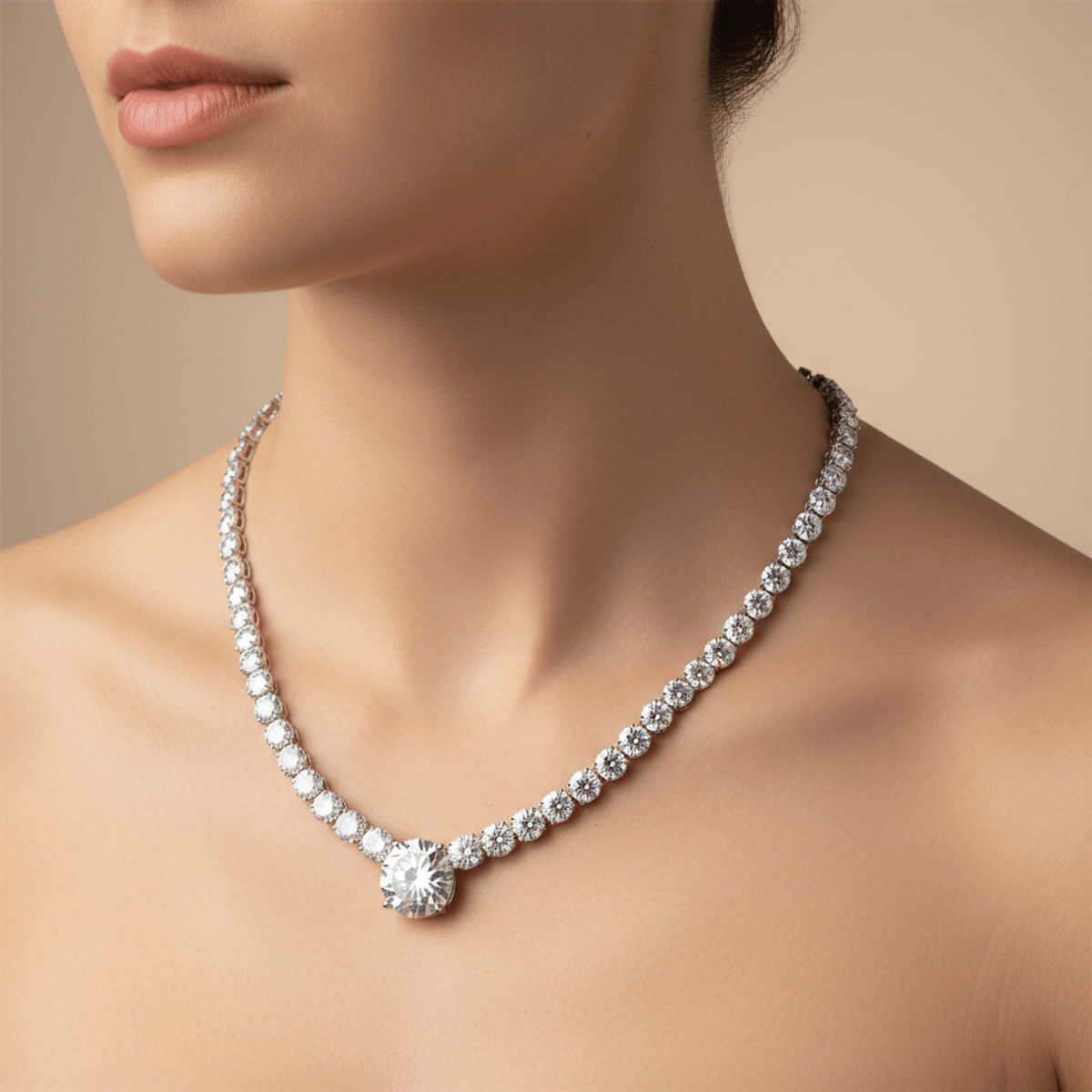 Luxurious moissanite diamond chain necklace draped elegantly on a model's neckline.