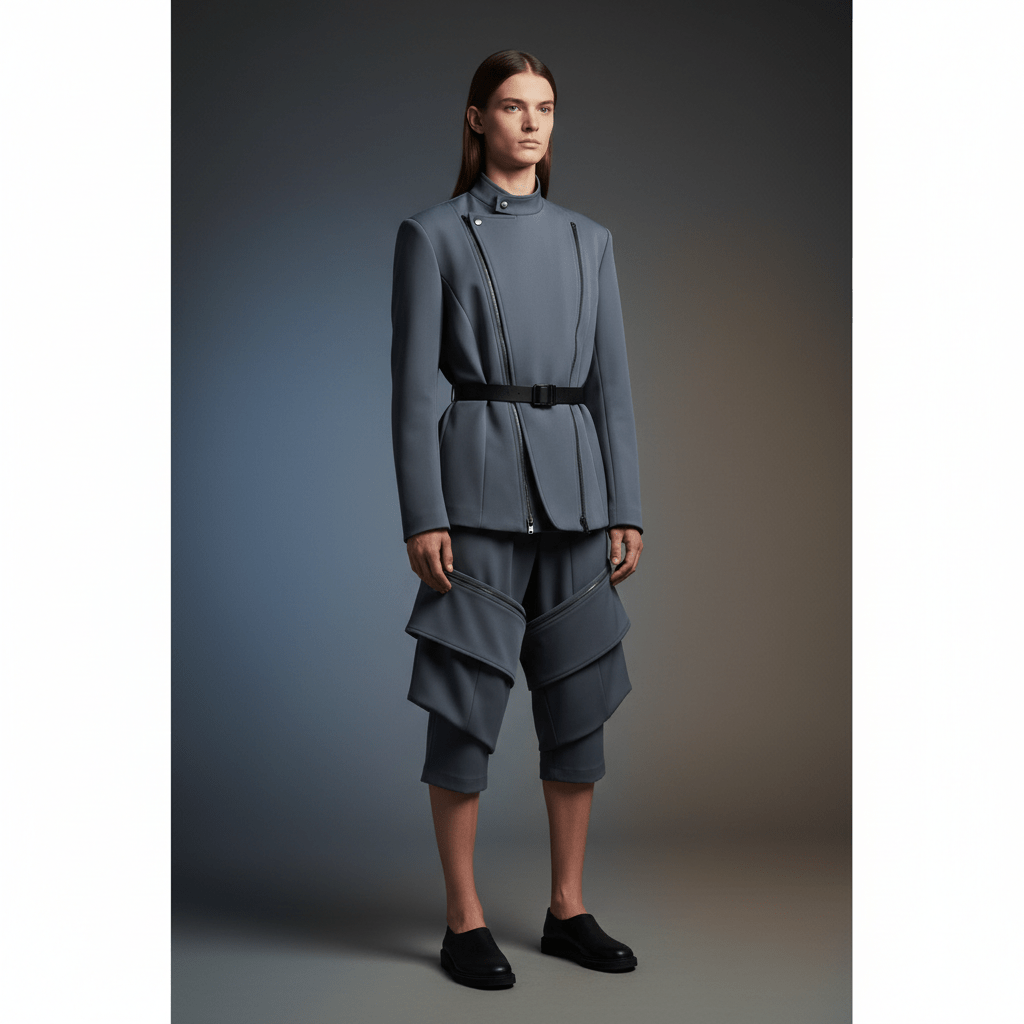 Slate grey modular jacket with convertible trousers in a studio setting.