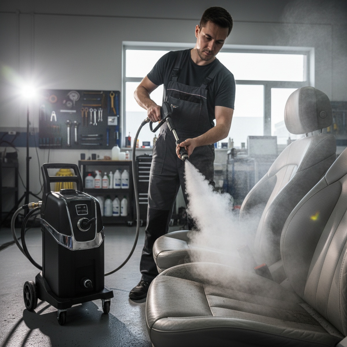 Mechanic uses steam cleaner on luxury car interior upholstery, melting away dirt.