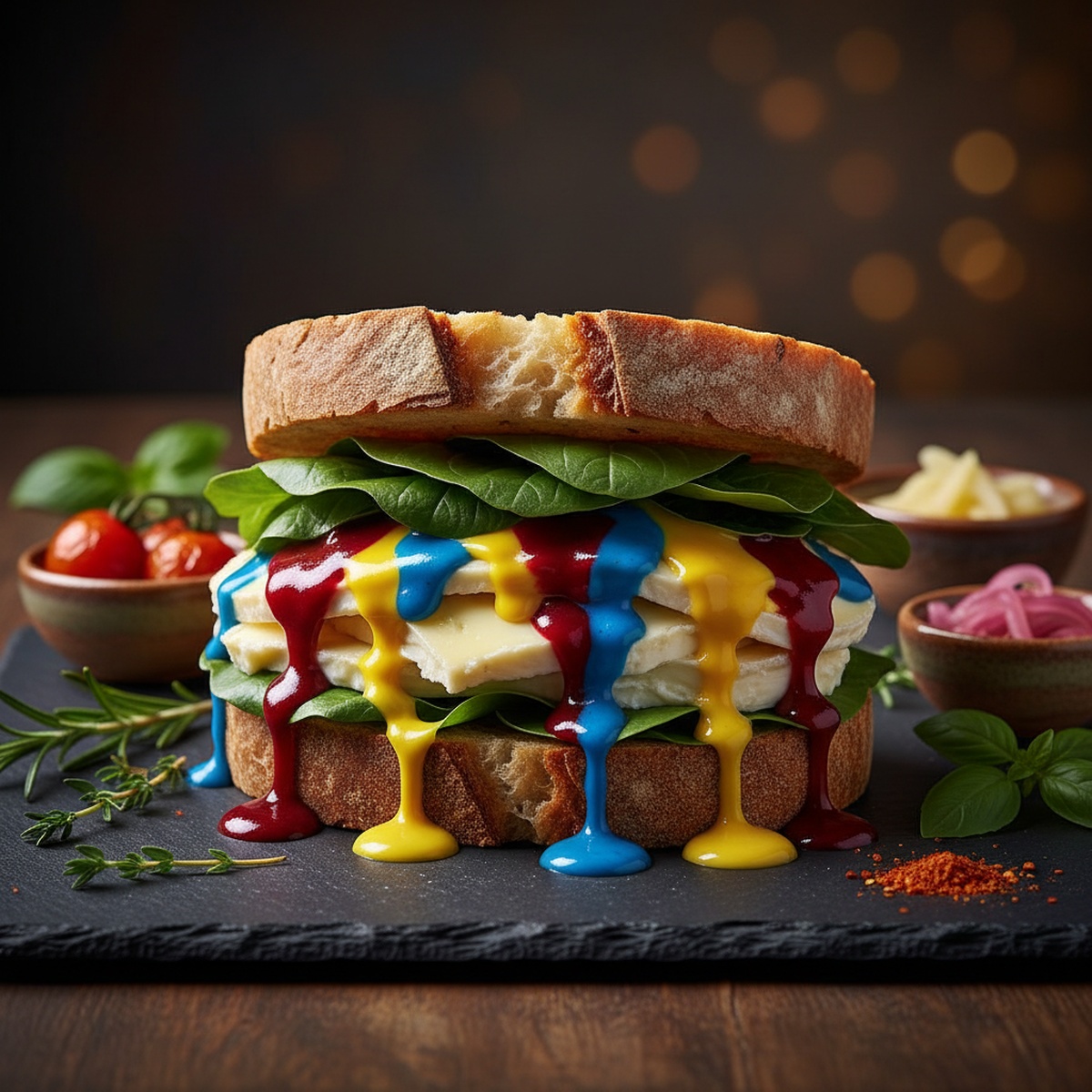Gourmet sandwich stacked high on dark slate with fresh herbs and regional ingredients.
