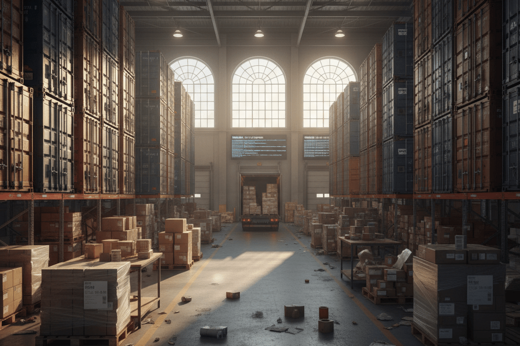 Bustling logistics warehouse during seasonal time transition challenges Rows of shipping containers and pallets under natural dusk light with ambient warehouse lighting, symbolizing cross-border shipment delays