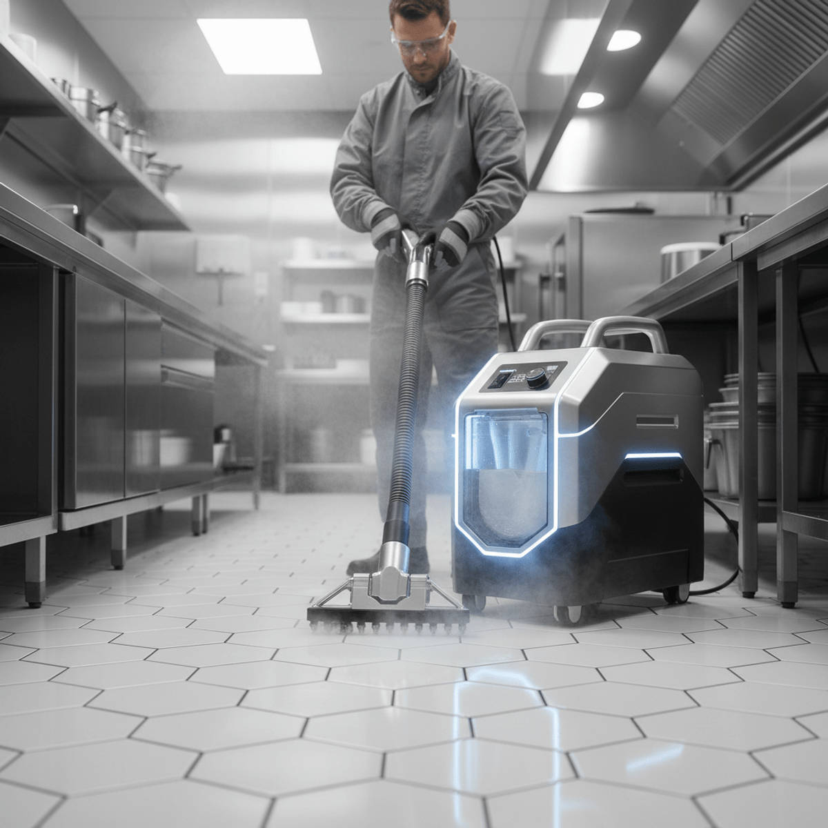 Futuristic steam cleaner for kitchen tile and grout. High-pressure steam cleaner revitalizing spotless commercial kitchen floor grout.