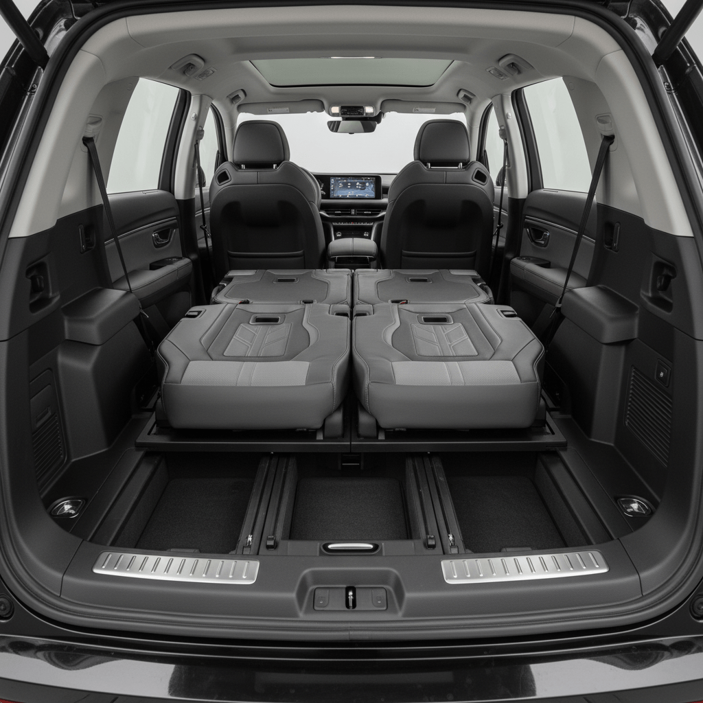 Spacious SUV interior with versatile folding seats and storage. Modern SUV interior with origami-like folding seats creating a flat cargo floor.