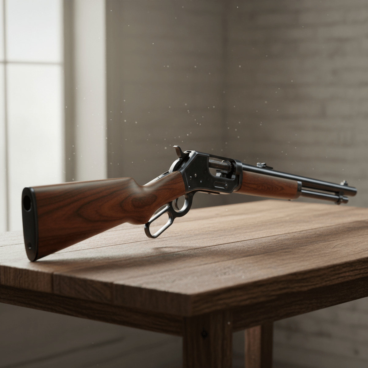 Detailed view of a classic lever-action rifle. Close-up of a lever-action rifle with hardwood stock and blued metal.