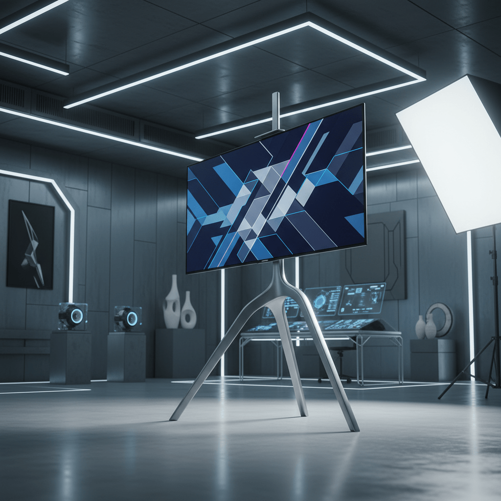 Sleek TV on a brushed titanium easel tripod stand in a futuristic studio.