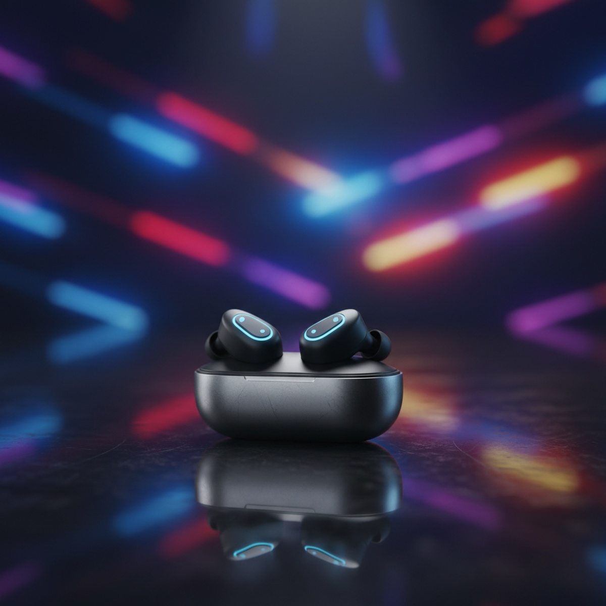 Sleek futuristic earplugs with touch panels in a brushed aluminum case.