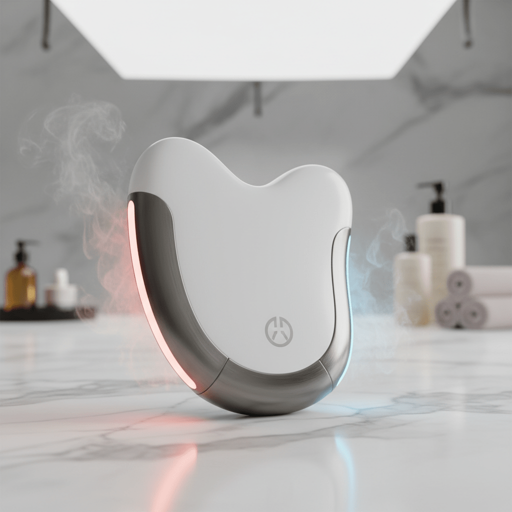 Sleek futuristic gua sha tool with LED indicators on a marble spa counter.