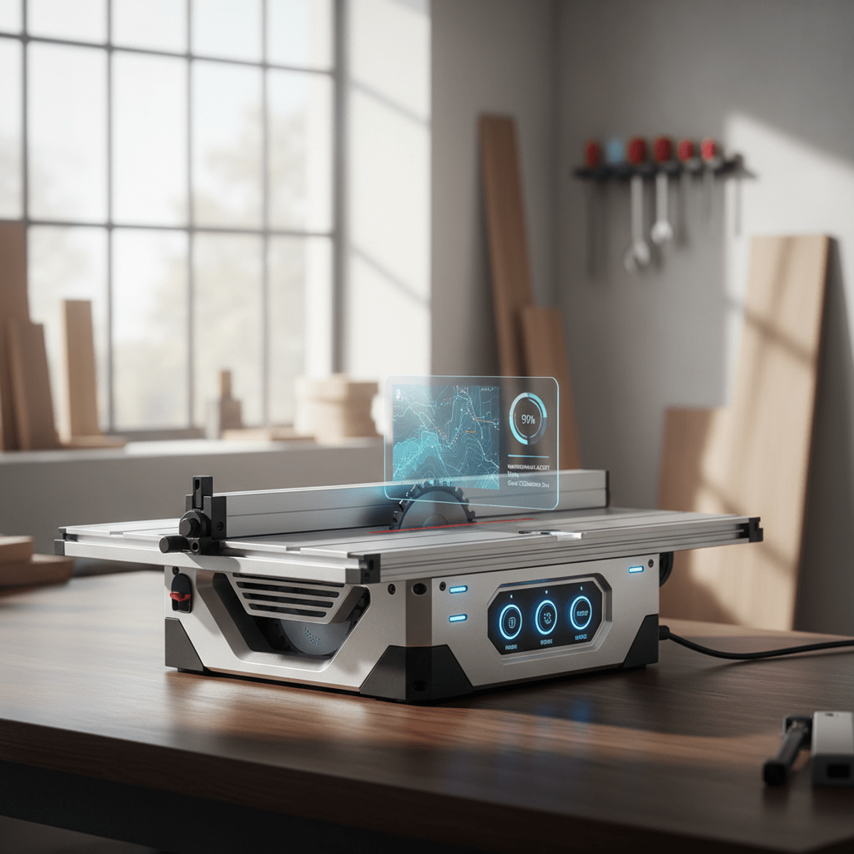 Cordless table saw with holographic interface in a clean, minimal industrial workshop.