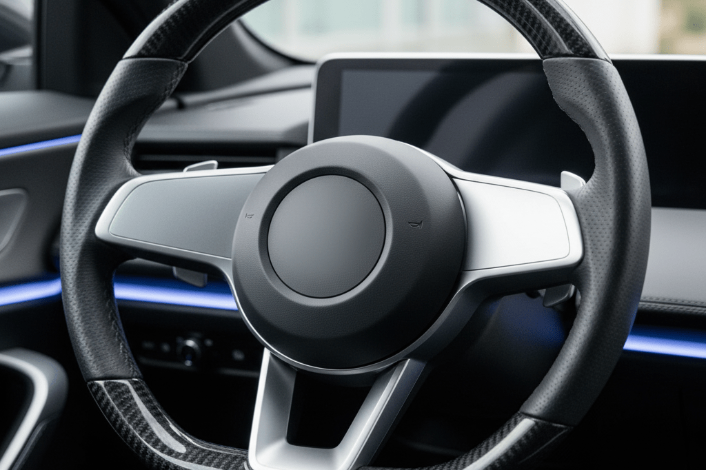 Photorealistic close-up of a sleek car steering wheel under natural ambient light, symbolizing design innovation and user experience considerations