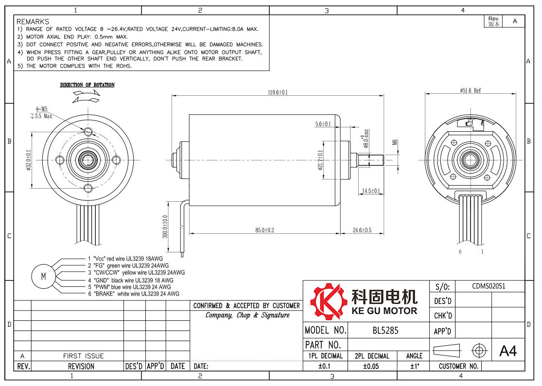 BL5285 BL5285i B5285M 12v 18v 24v 52mm inner rotor brushless dc motor