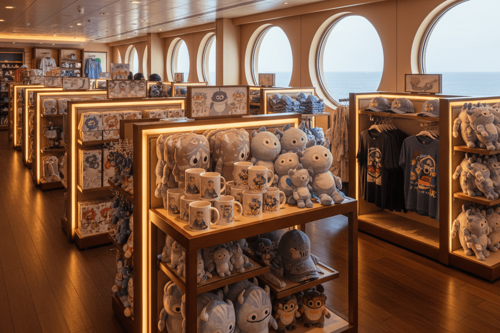 Shelves stocked with generic character-themed products in a warmly lit cruise ship store, highlighting merchandising innovation